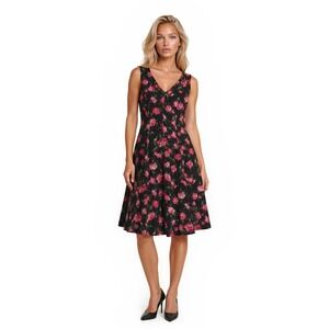 Talbots Fit Flare Rose Dress Women's Size 6 Black Pink Sleeveless Cotton